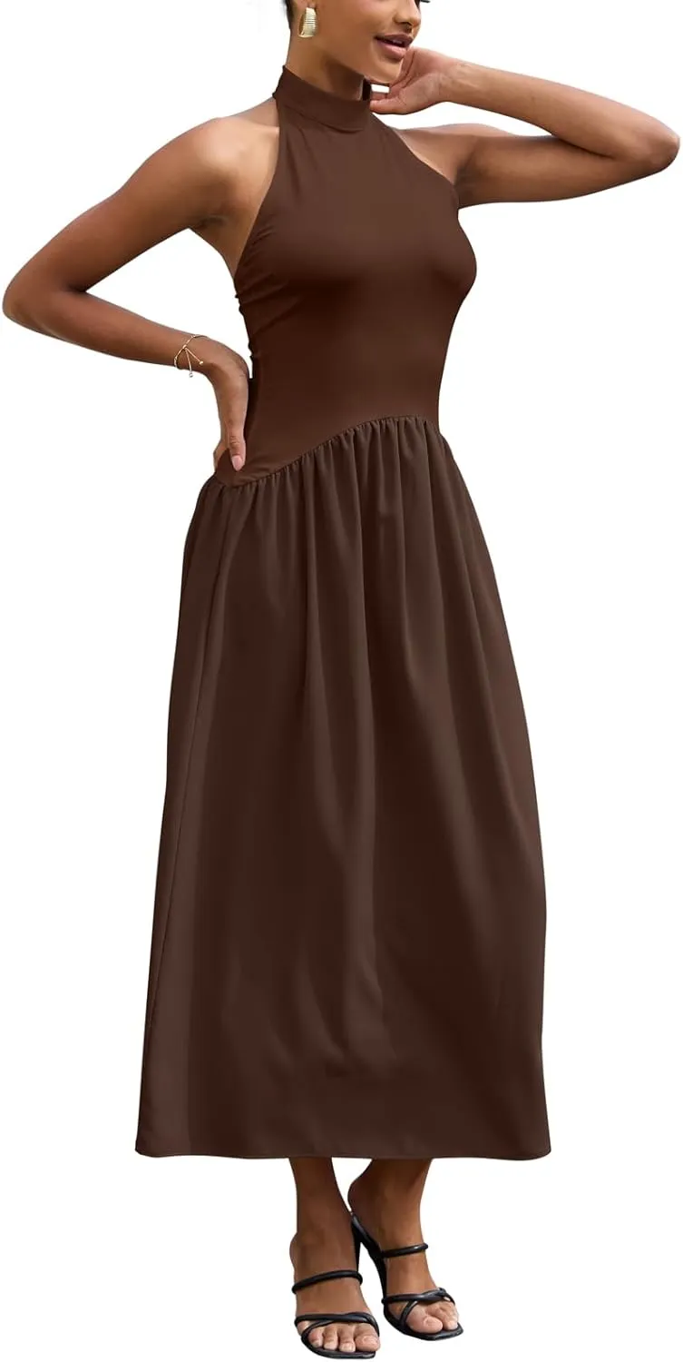 Ekaliy Women Halter Neck Maxi Dresses Casual Sleeveless Patchwork Flowy Maxi Dress