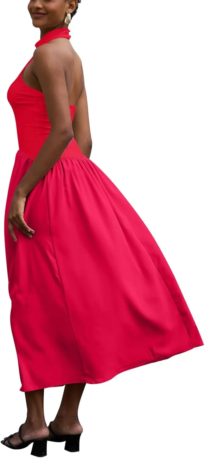 Ekaliy Women Halter Neck Maxi Dresses Casual Sleeveless Patchwork Flowy Maxi Dress