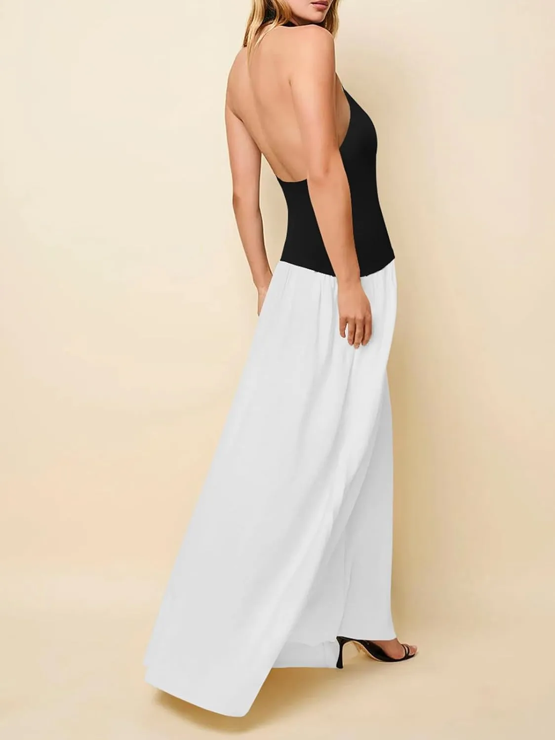 Ekaliy Women Halter Neck Maxi Dresses Casual Sleeveless Patchwork Flowy Maxi Dress
