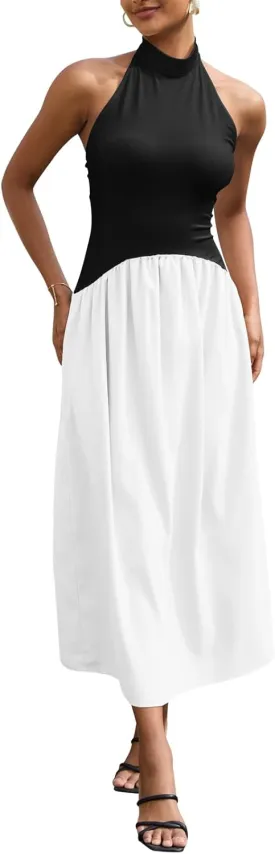 Ekaliy Women Halter Neck Maxi Dresses Casual Sleeveless Patchwork Flowy Maxi Dress