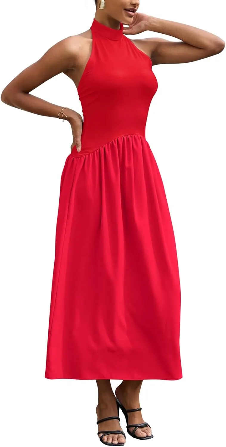 Ekaliy Women Halter Neck Maxi Dresses Casual Sleeveless Patchwork Flowy Maxi Dress