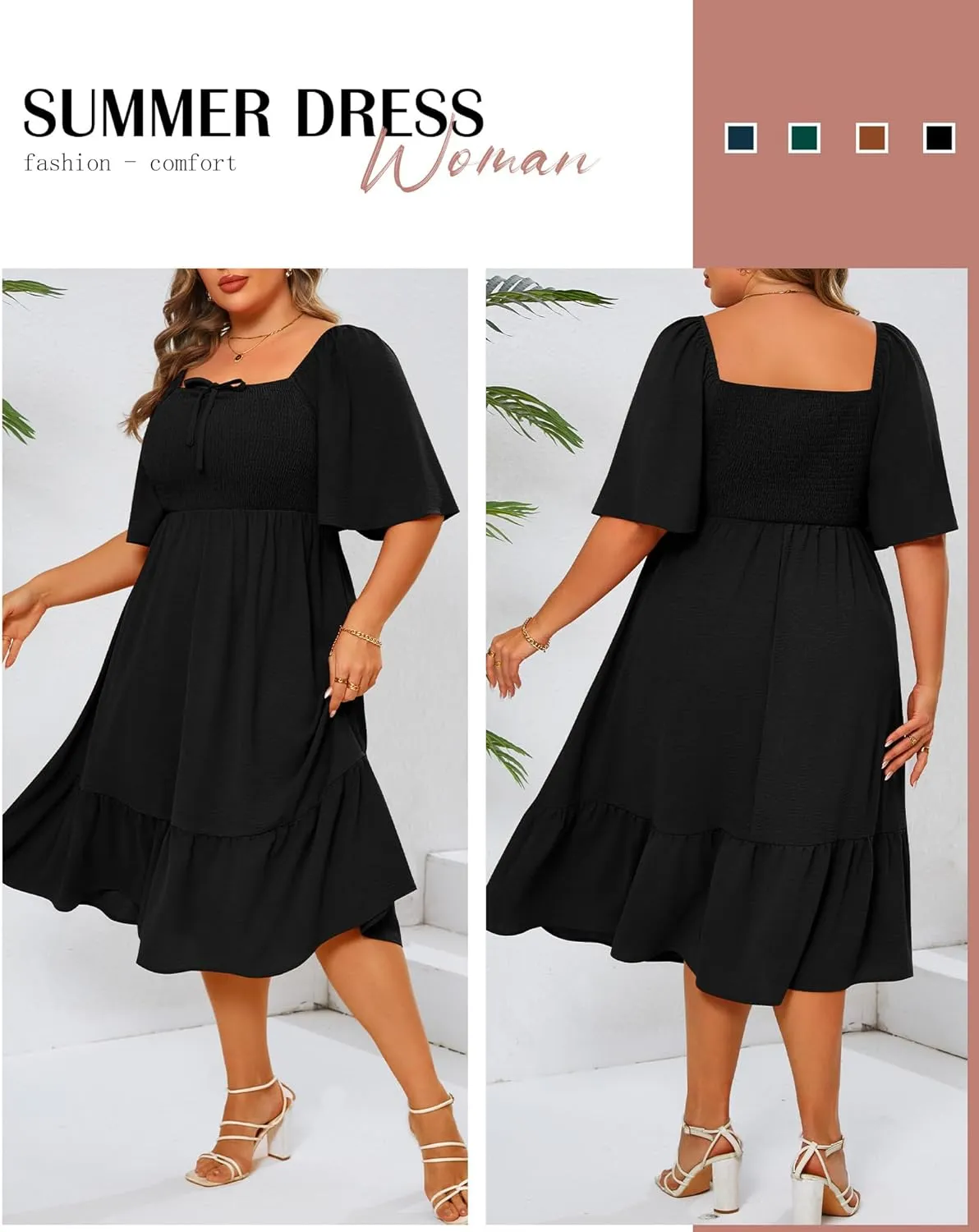 Ficerd Women's Plus Size Flowy Maxi Dress, Boho Bell Short Sleeves Square Neck Pleated Ruffle Layered A Line Party Long Dress
