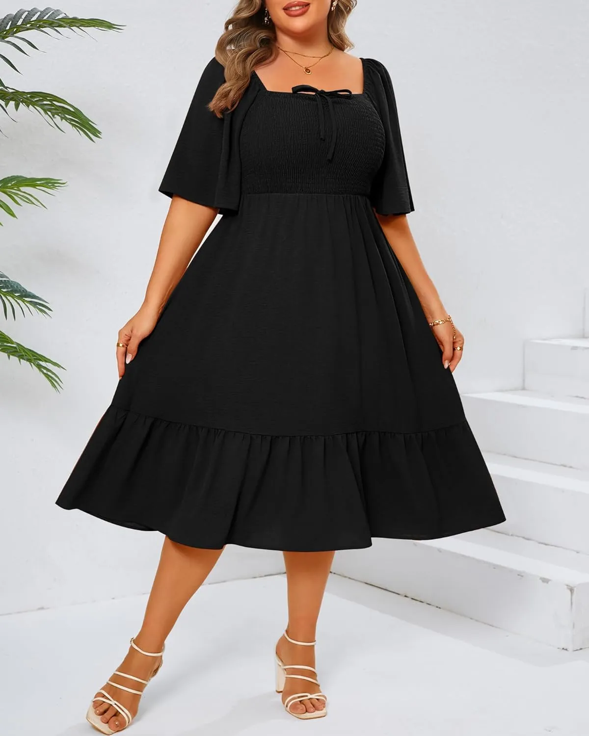 Ficerd Women's Plus Size Flowy Maxi Dress, Boho Bell Short Sleeves Square Neck Pleated Ruffle Layered A Line Party Long Dress