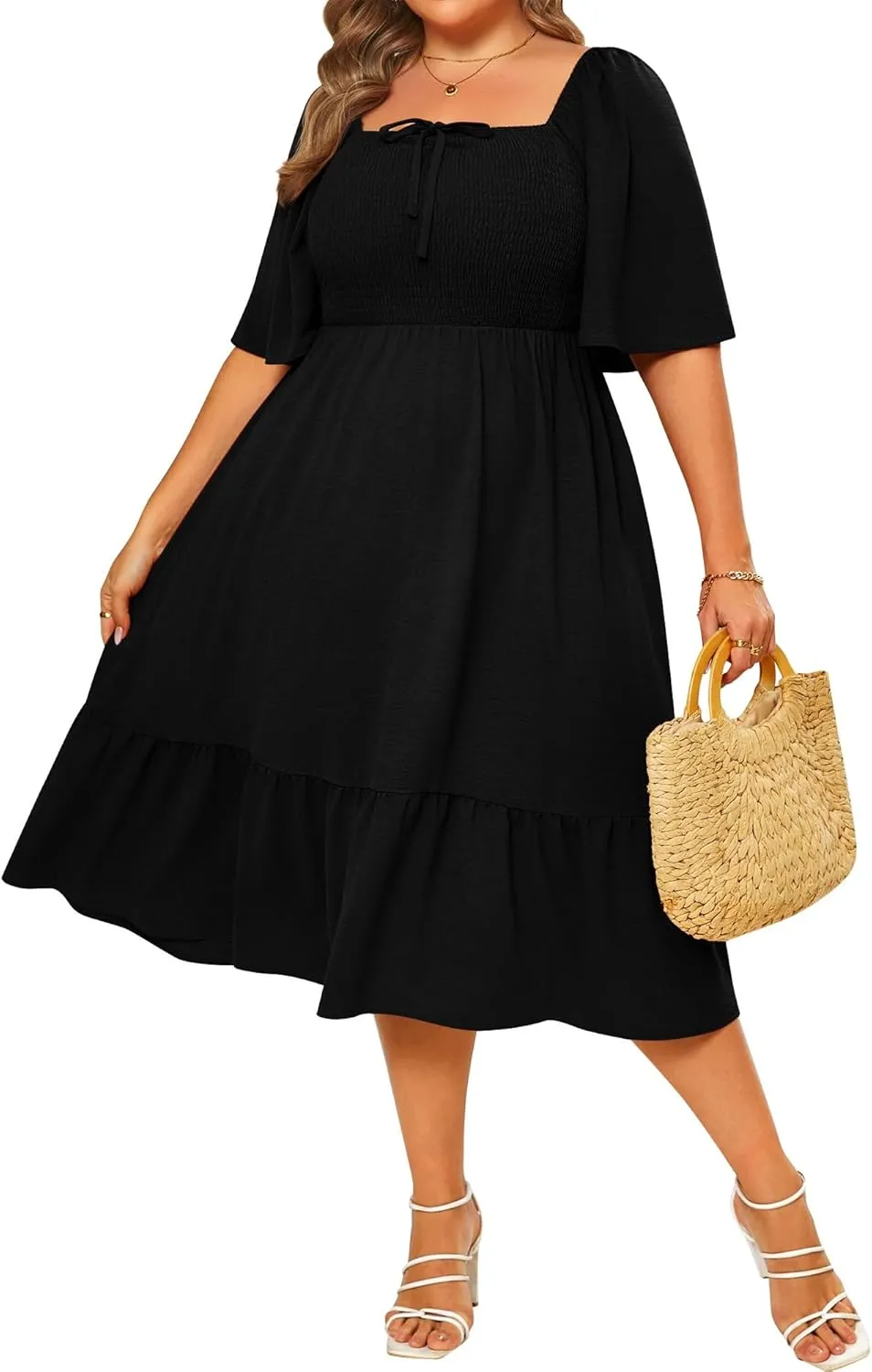 Ficerd Women's Plus Size Flowy Maxi Dress, Boho Bell Short Sleeves Square Neck Pleated Ruffle Layered A Line Party Long Dress
