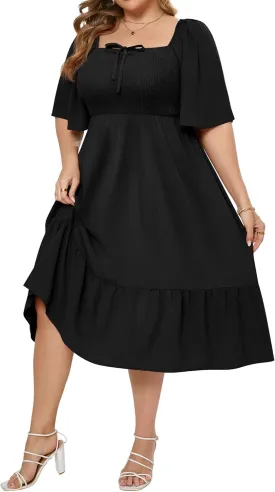 Ficerd Women's Plus Size Flowy Maxi Dress, Boho Bell Short Sleeves Square Neck Pleated Ruffle Layered A Line Party Long Dress