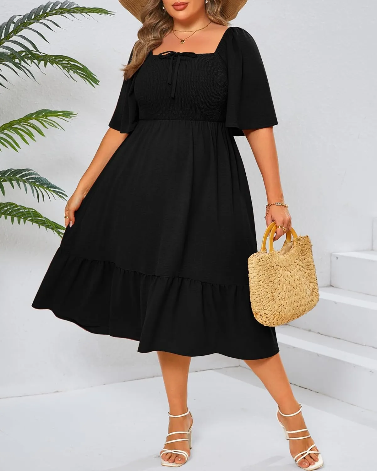 Ficerd Women's Plus Size Flowy Maxi Dress, Boho Bell Short Sleeves Square Neck Pleated Ruffle Layered A Line Party Long Dress
