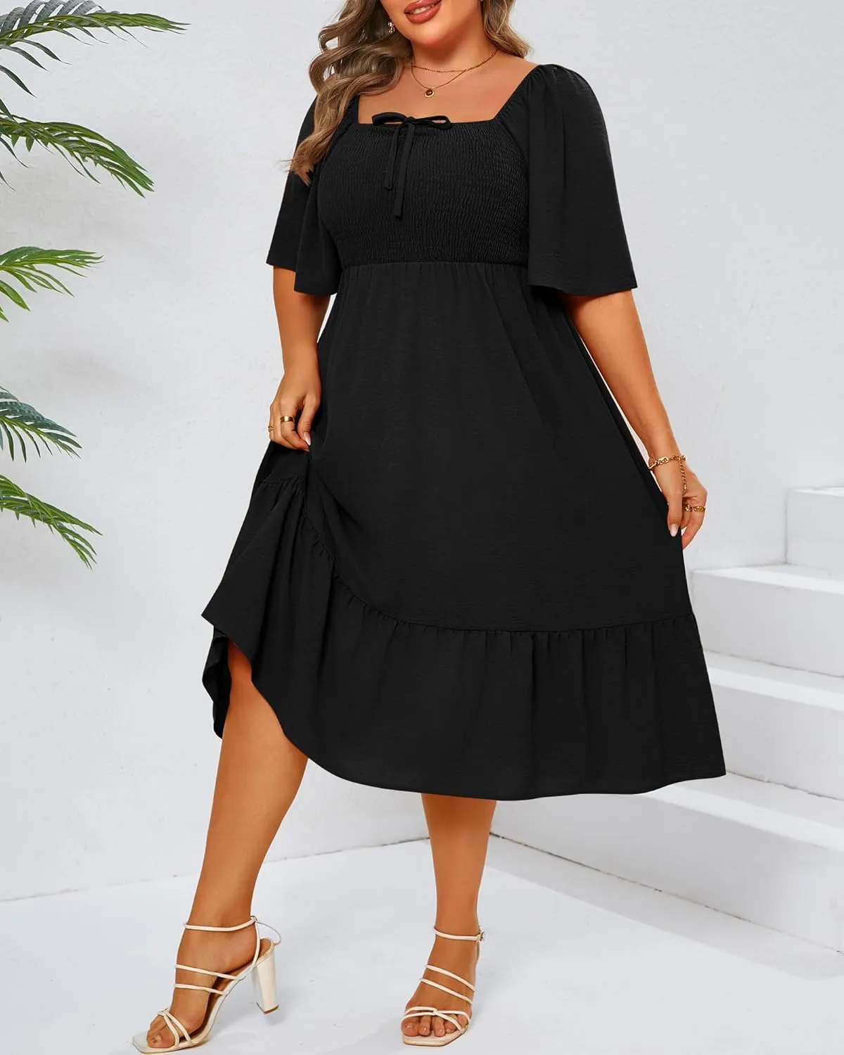 Ficerd Women's Plus Size Flowy Maxi Dress, Boho Bell Short Sleeves Square Neck Pleated Ruffle Layered A Line Party Long Dress