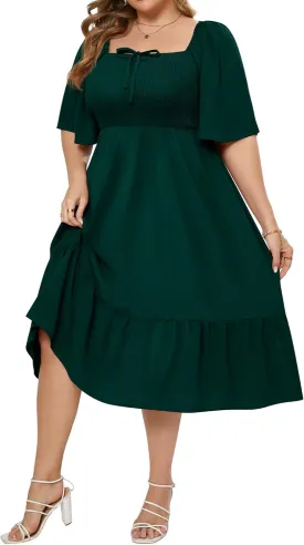 Ficerd Women's Plus Size Flowy Maxi Dress, Boho Bell Short Sleeves Square Neck Pleated Ruffle Layered A Line Party Long Dress