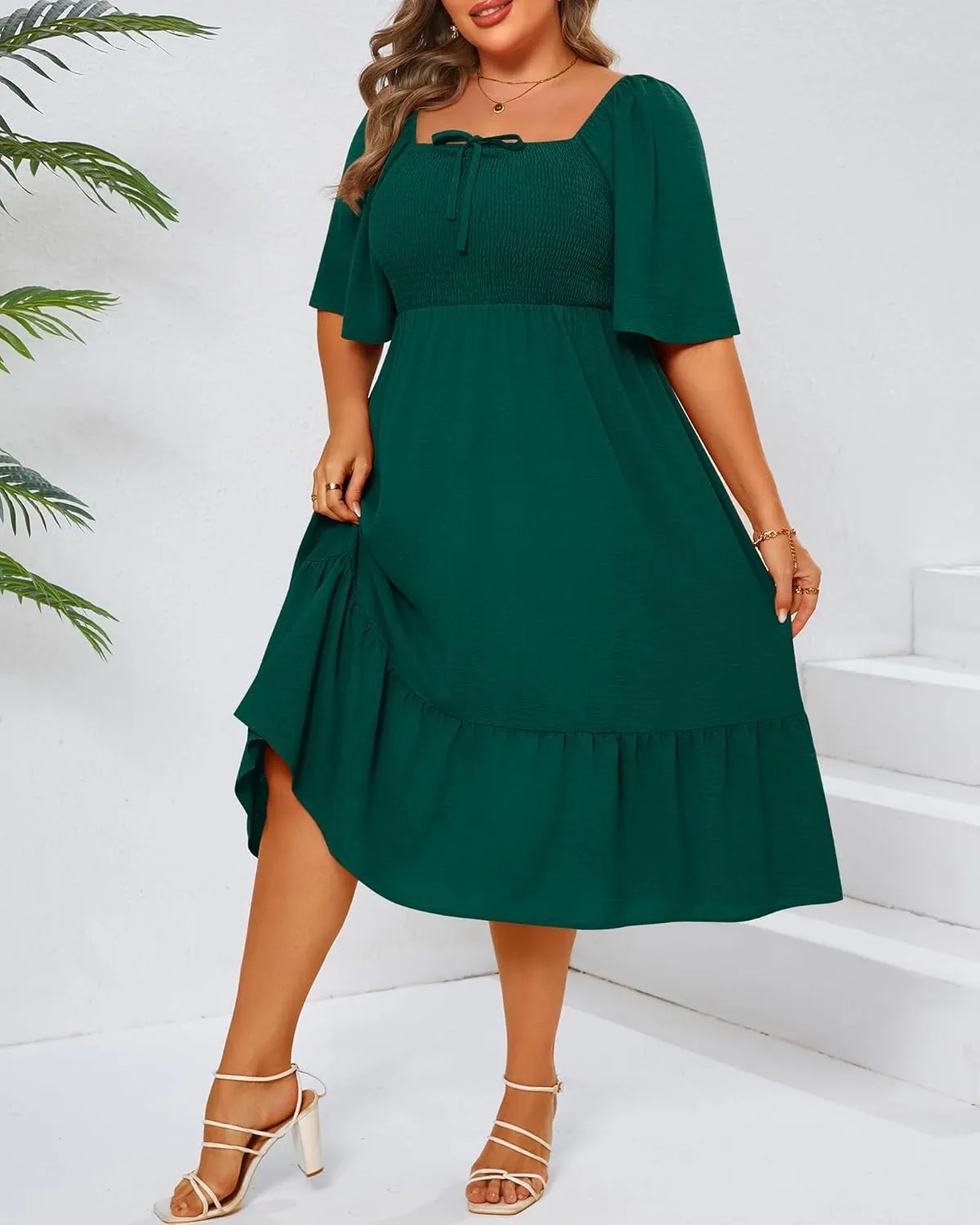 Ficerd Women's Plus Size Flowy Maxi Dress, Boho Bell Short Sleeves Square Neck Pleated Ruffle Layered A Line Party Long Dress