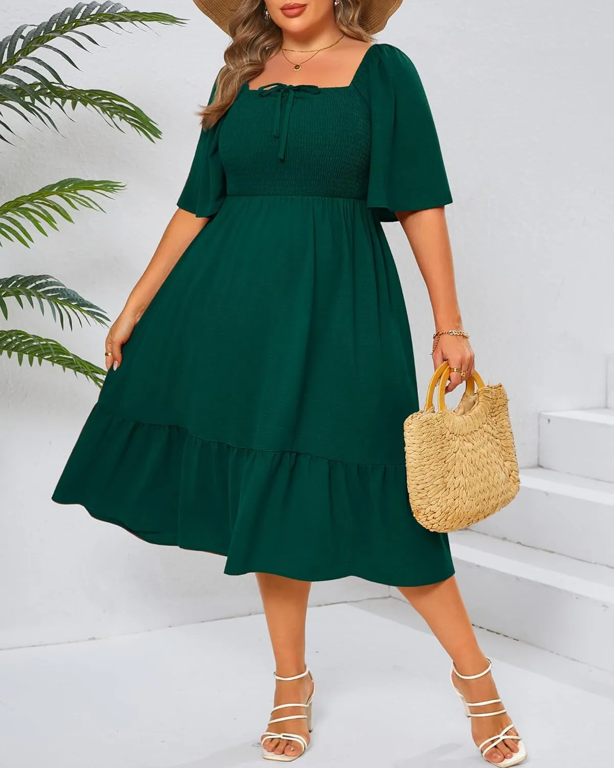 Ficerd Women's Plus Size Flowy Maxi Dress, Boho Bell Short Sleeves Square Neck Pleated Ruffle Layered A Line Party Long Dress