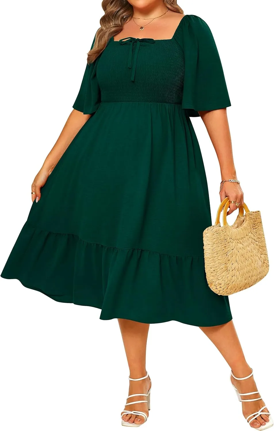 Ficerd Women's Plus Size Flowy Maxi Dress, Boho Bell Short Sleeves Square Neck Pleated Ruffle Layered A Line Party Long Dress