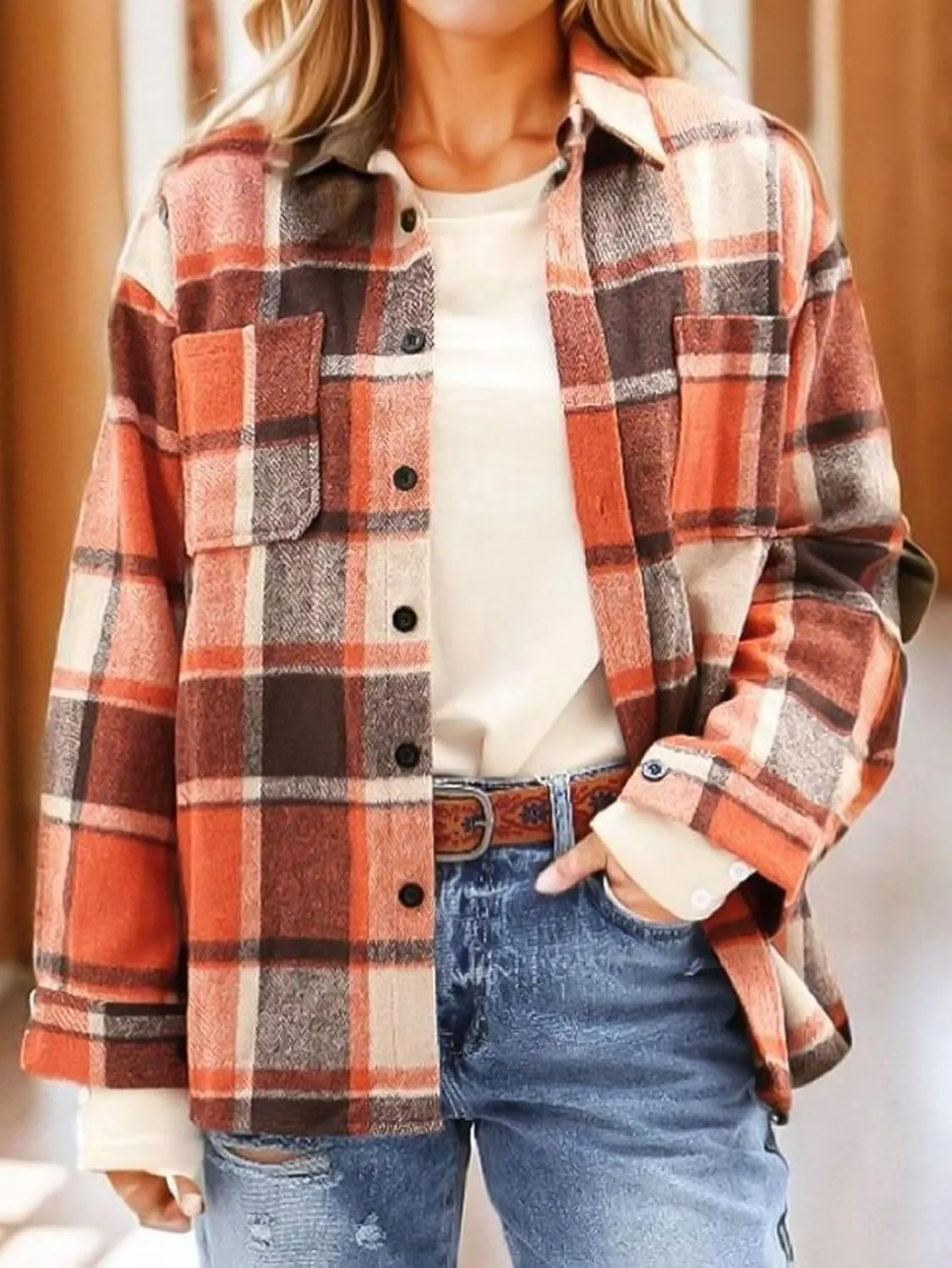 Flamingals Button Down Shirts for Women Oversized Plaid Long Sleeve Loose Fit Casual Blouses Tops