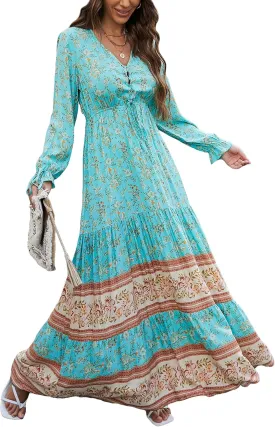 Floerns Women's Floral Print Boho V Neck Long Sleeve Flowy Maxi Dress