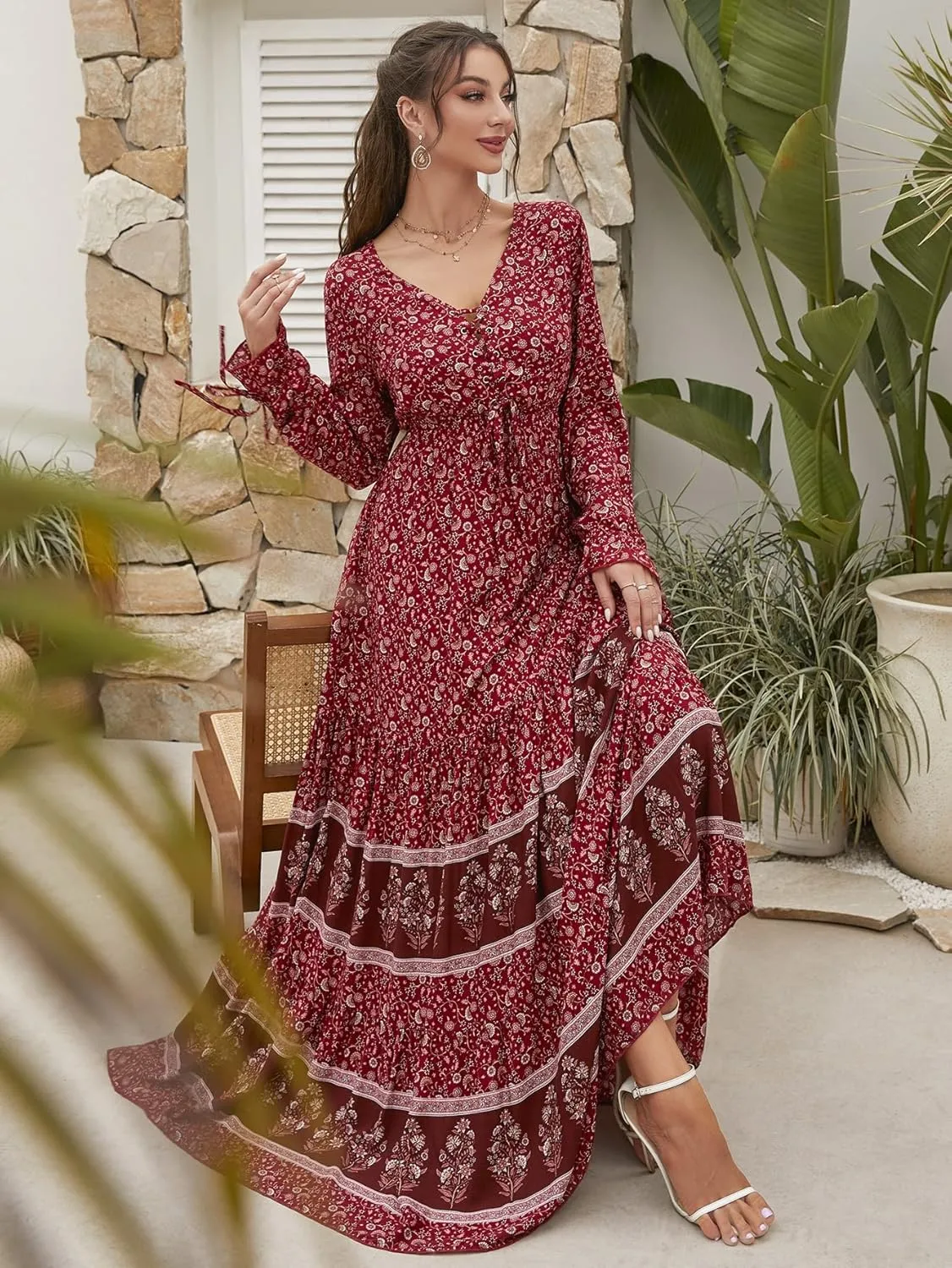 Floerns Women's Floral Print Boho V Neck Long Sleeve Flowy Maxi Dress