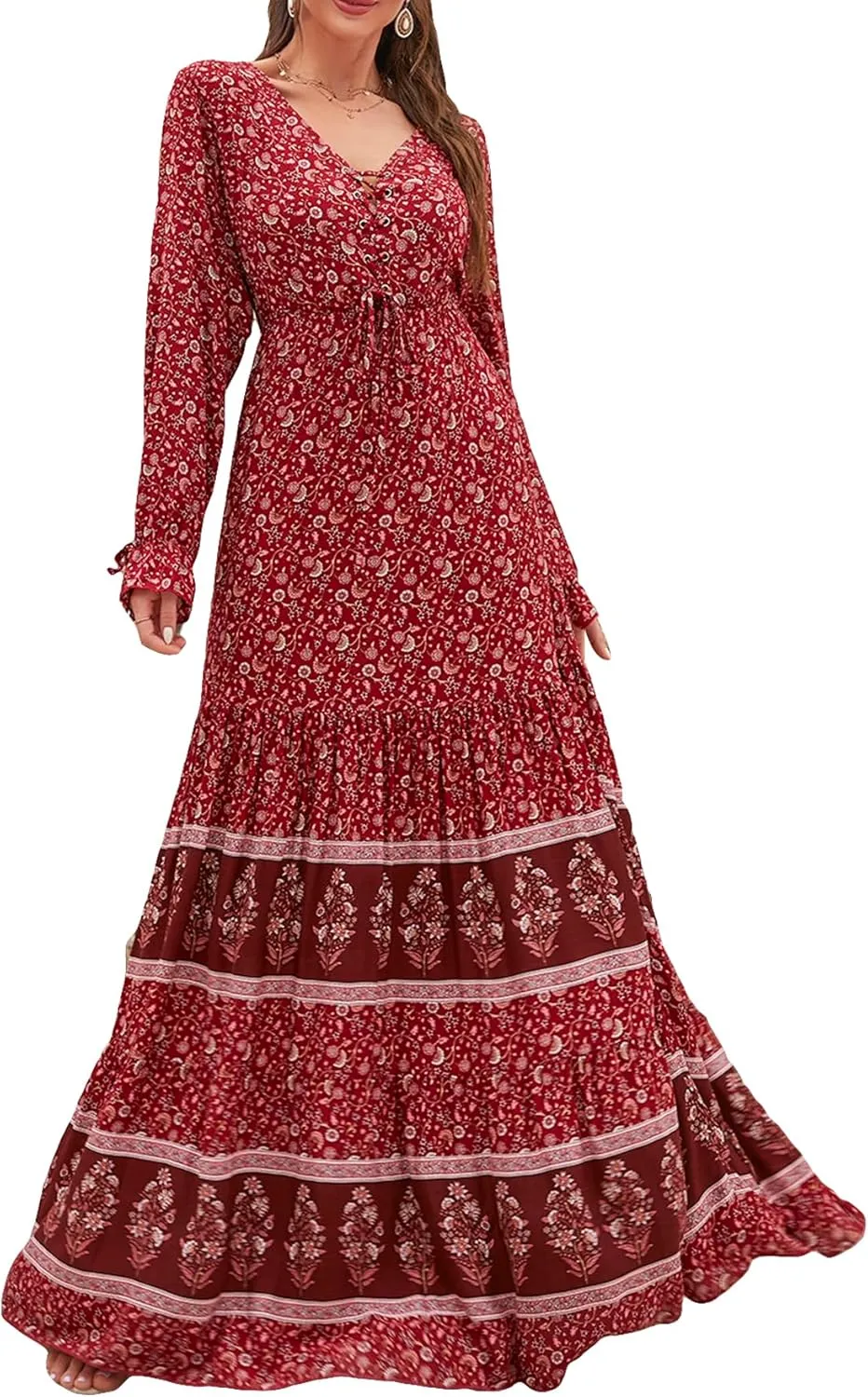 Floerns Women's Floral Print Boho V Neck Long Sleeve Flowy Maxi Dress
