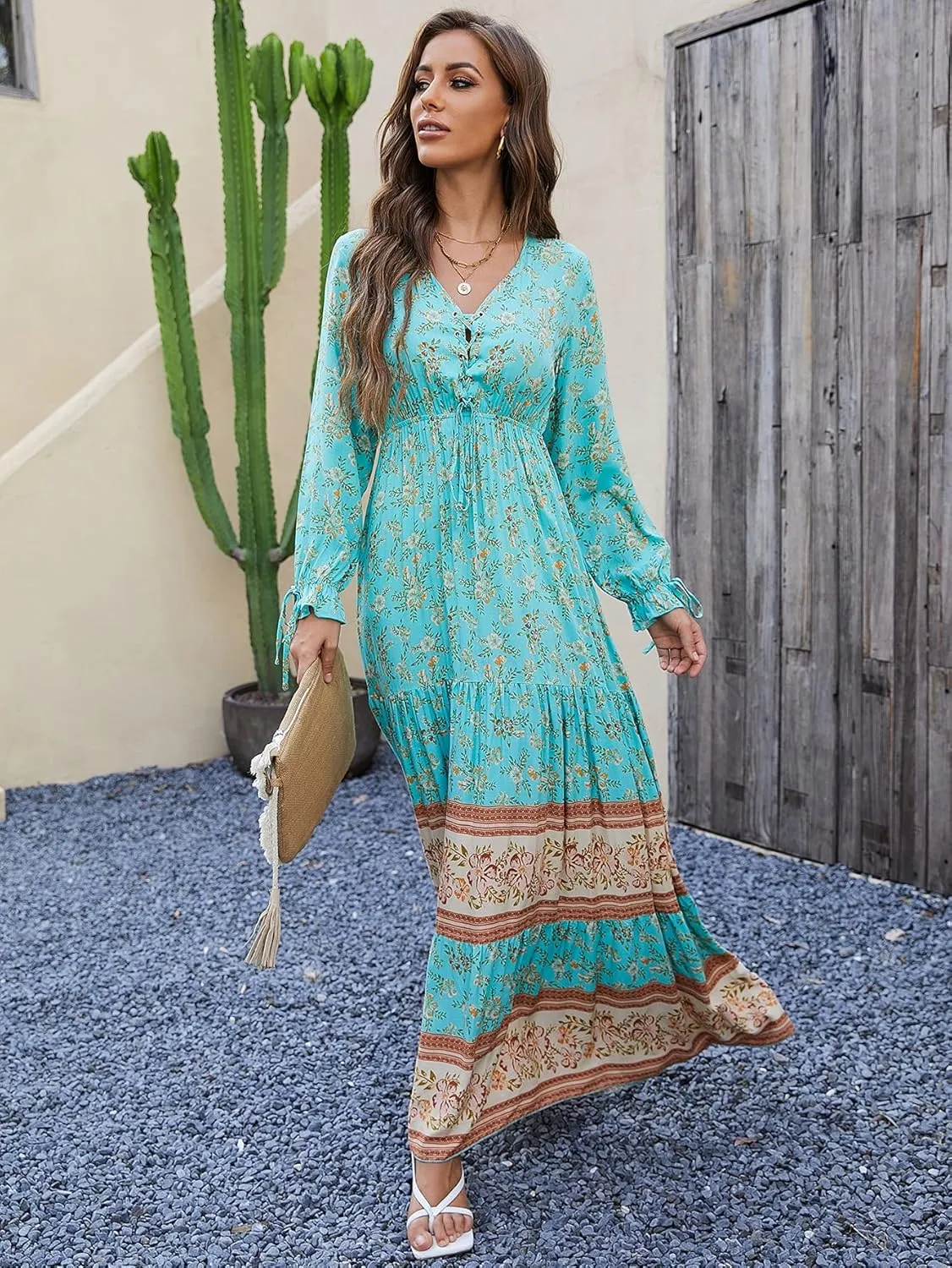 Floerns Women's Floral Print Boho V Neck Long Sleeve Flowy Maxi Dress