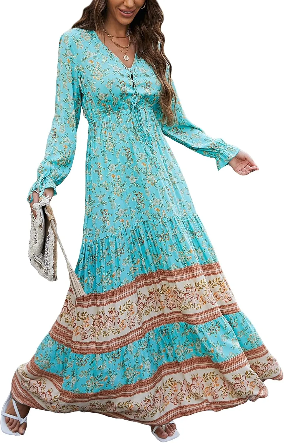 Floerns Women's Floral Print Boho V Neck Long Sleeve Flowy Maxi Dress