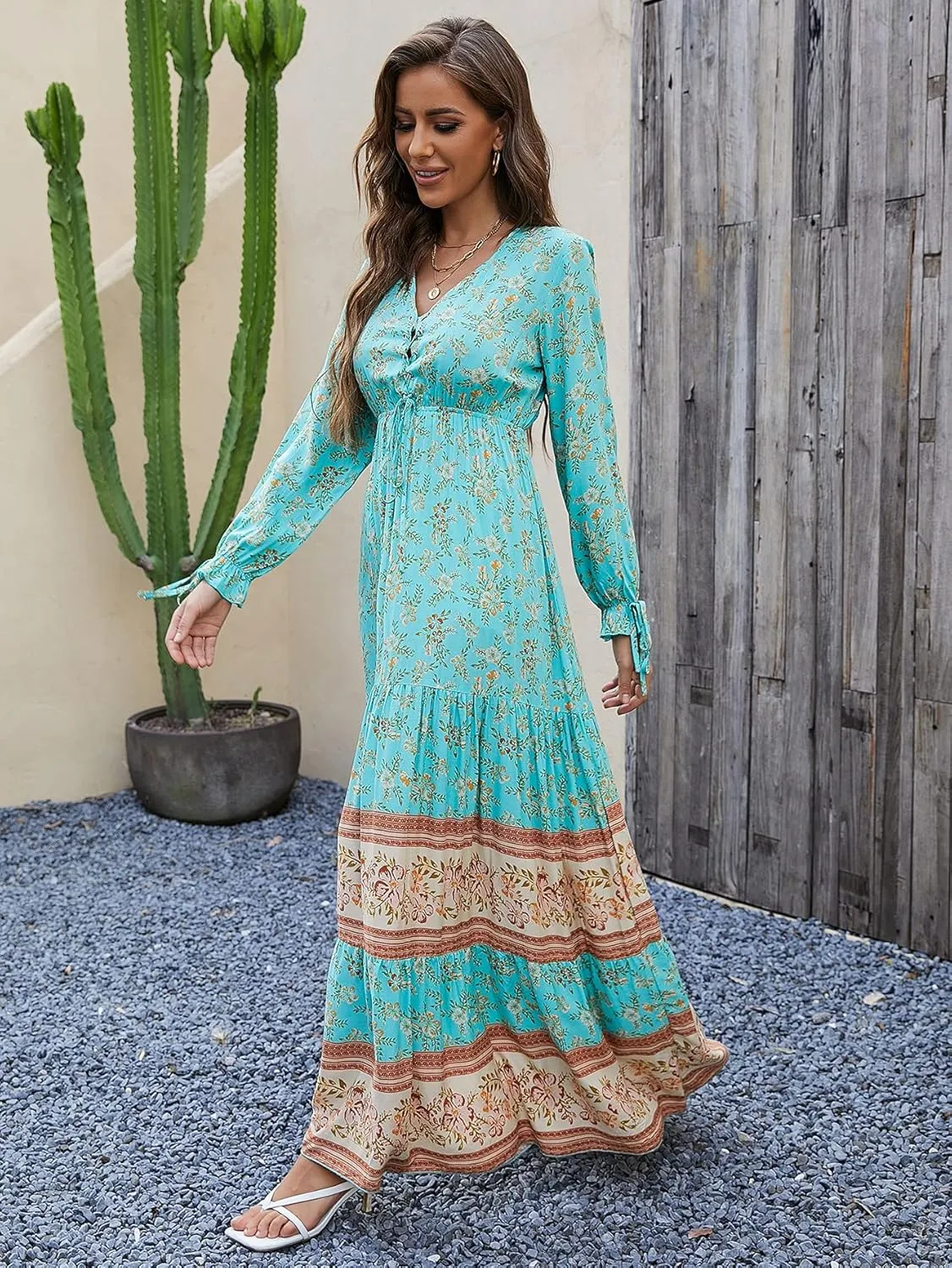 Floerns Women's Floral Print Boho V Neck Long Sleeve Flowy Maxi Dress