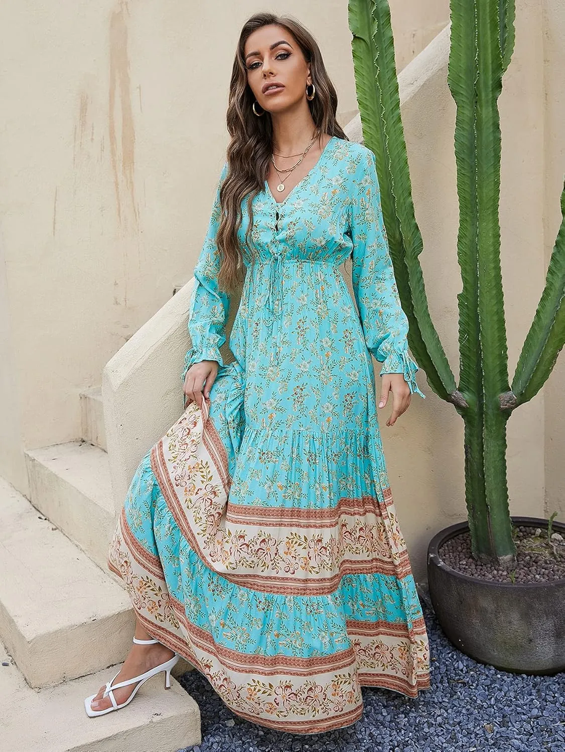 Floerns Women's Floral Print Boho V Neck Long Sleeve Flowy Maxi Dress