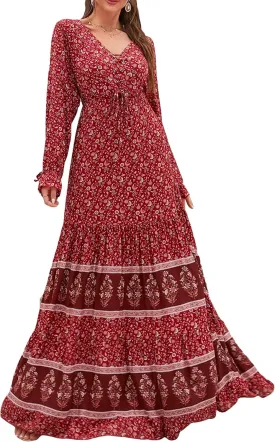 Floerns Women's Floral Print Boho V Neck Long Sleeve Flowy Maxi Dress