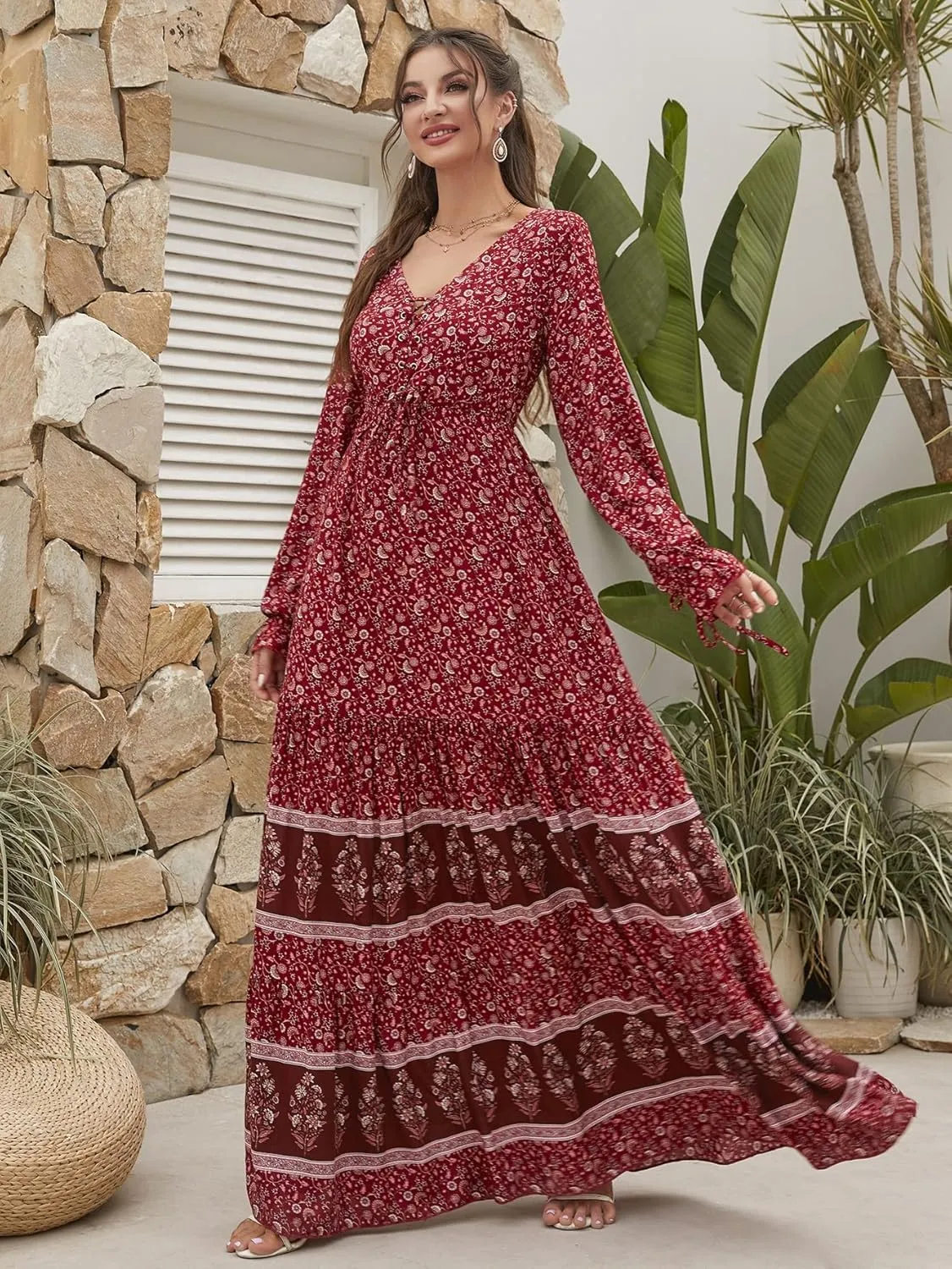Floerns Women's Floral Print Boho V Neck Long Sleeve Flowy Maxi Dress