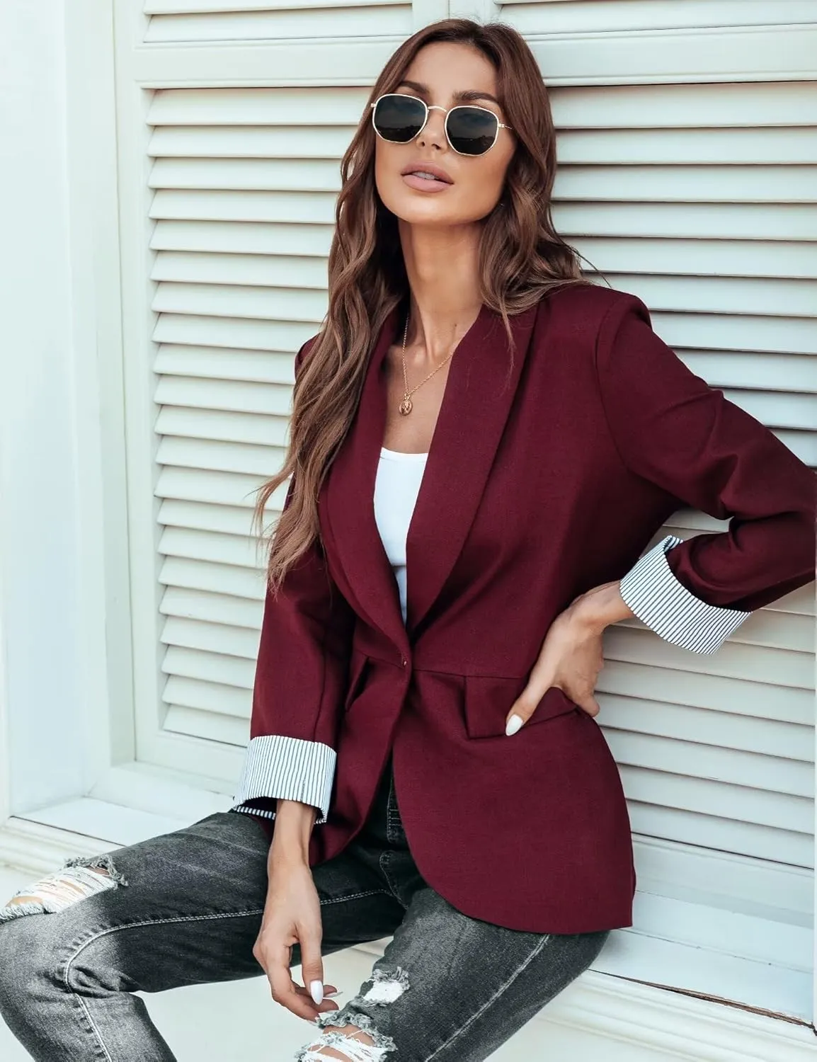 Genhoo Blazer Jackets for Women with Pockets Open Front Long Sleeve Casual Work Office Blazers
