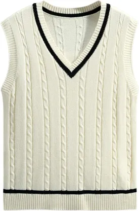 GORGLITTER Men's Striped Cable Knit Sweater Vest Sleeveless V Neck Pullover Sweater Tops