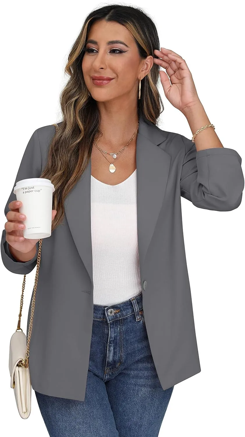 GRECERELLE Womens Long Sleeve Lapel Open Front Casual Blazers Jacket with Pockets for Work Office