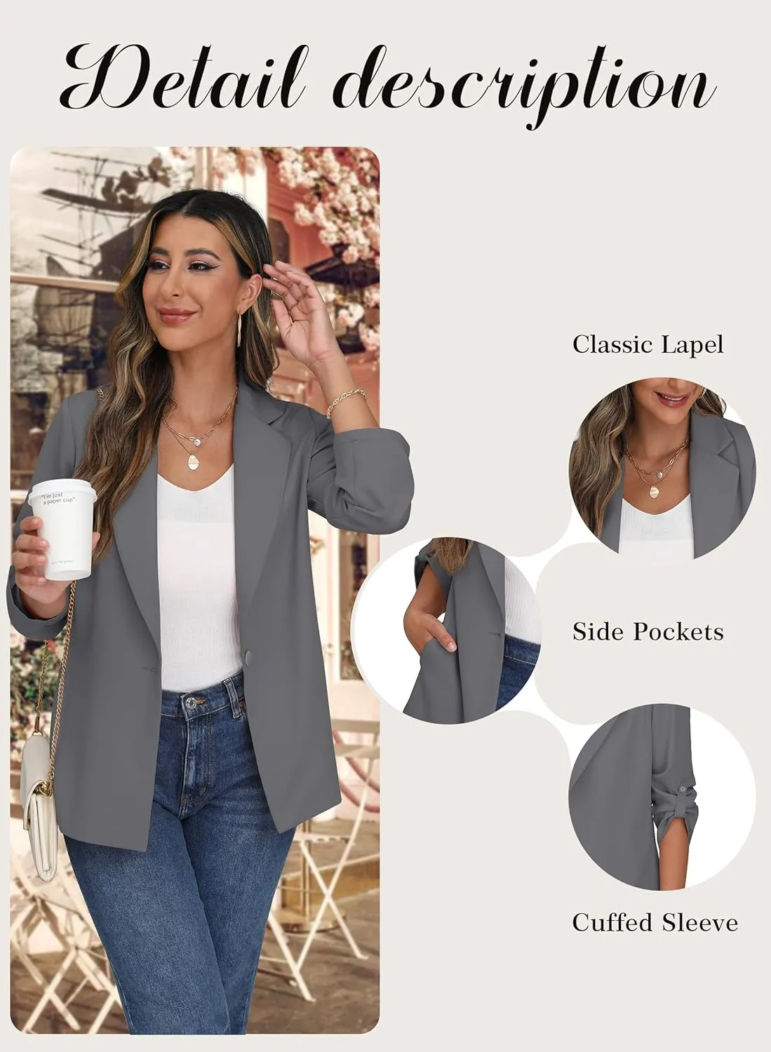 GRECERELLE Womens Long Sleeve Lapel Open Front Casual Blazers Jacket with Pockets for Work Office