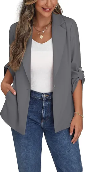 GRECERELLE Womens Long Sleeve Lapel Open Front Casual Blazers Jacket with Pockets for Work Office