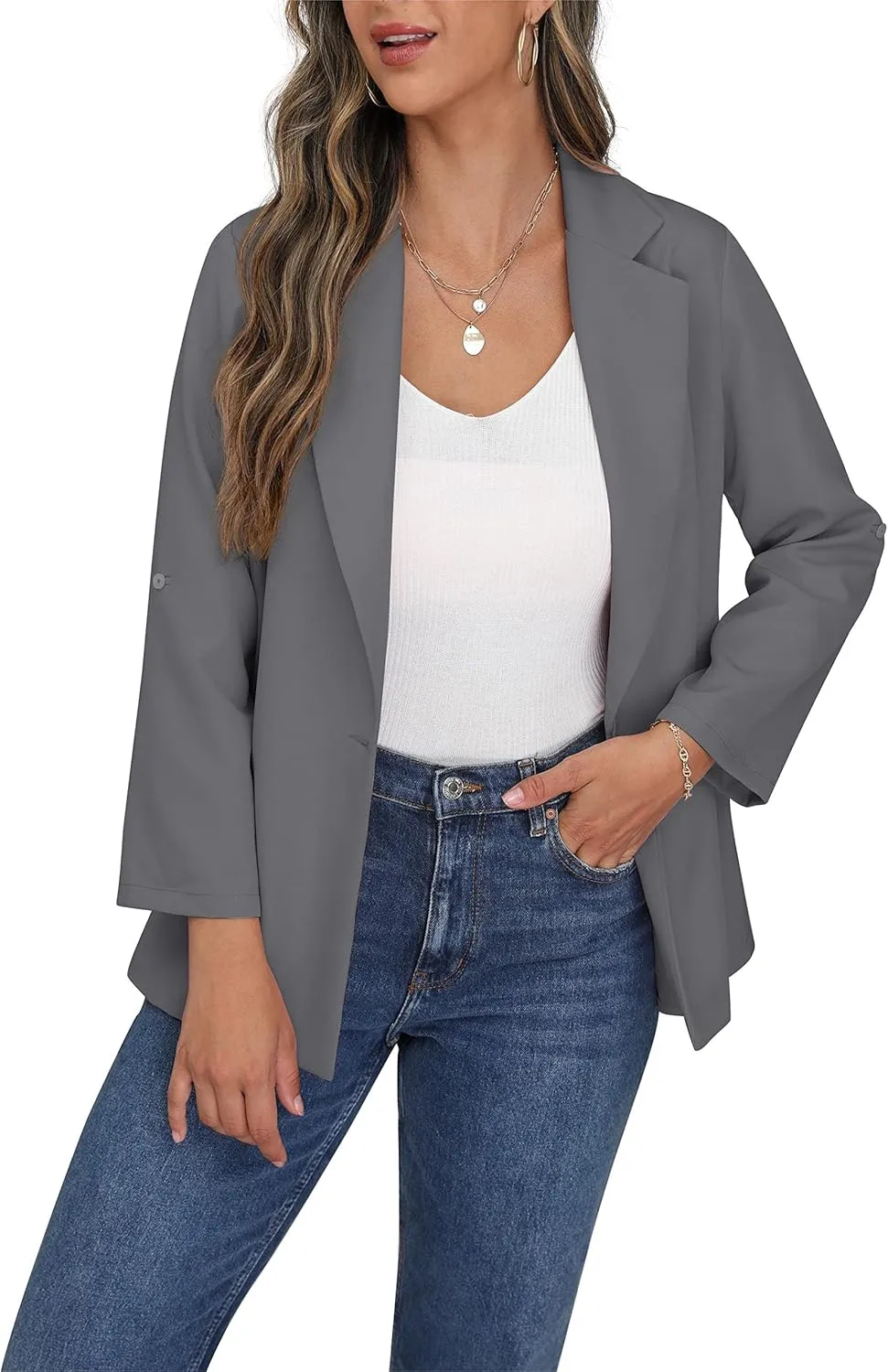 GRECERELLE Womens Long Sleeve Lapel Open Front Casual Blazers Jacket with Pockets for Work Office