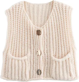 KEOMUD Women's Sleeveless Cropped Knit Cardigan 2025 Casual Button Down Crochet Sweater Vest Tops with Pockets
