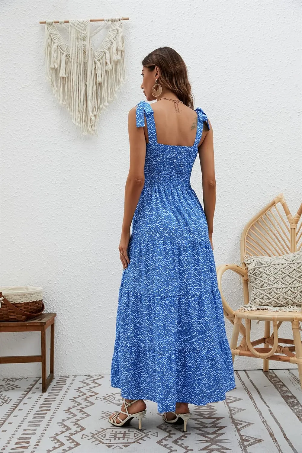 kinstell Women's Summer Boho Spaghetti Strap Square Neck Ruffle Casual Flowy Long Dress Beach Swing Party Maxi Dress