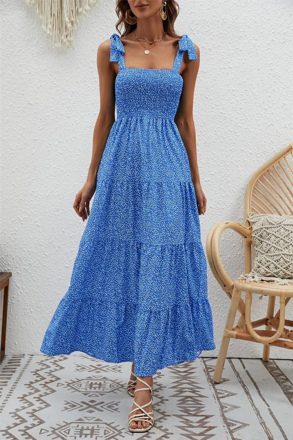 kinstell Women's Summer Boho Spaghetti Strap Square Neck Ruffle Casual Flowy Long Dress Beach Swing Party Maxi Dress