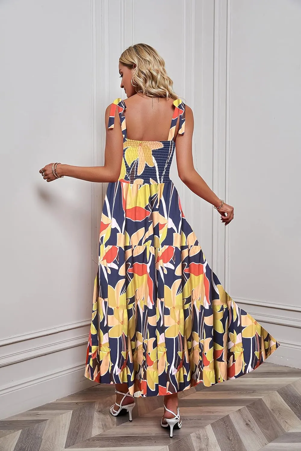 kinstell Women's Summer Boho Spaghetti Strap Square Neck Ruffle Casual Flowy Long Dress Beach Swing Party Maxi Dress