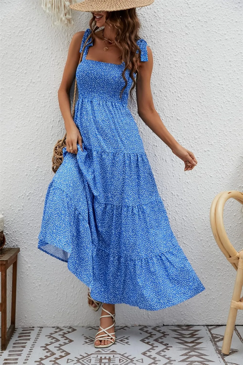 kinstell Women's Summer Boho Spaghetti Strap Square Neck Ruffle Casual Flowy Long Dress Beach Swing Party Maxi Dress