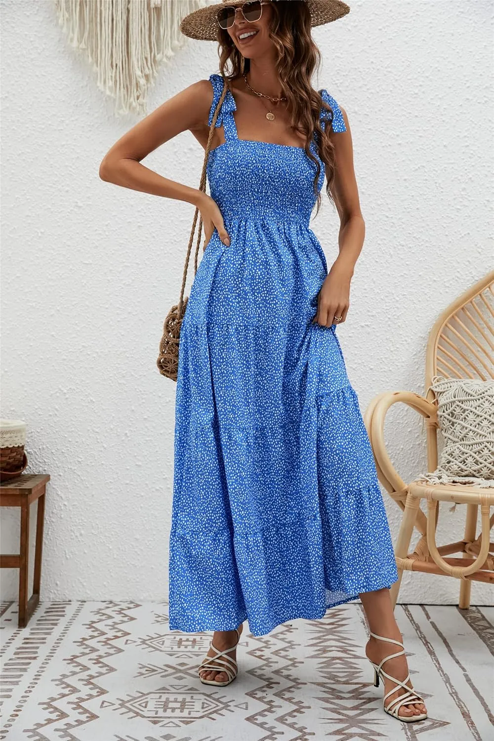 kinstell Women's Summer Boho Spaghetti Strap Square Neck Ruffle Casual Flowy Long Dress Beach Swing Party Maxi Dress