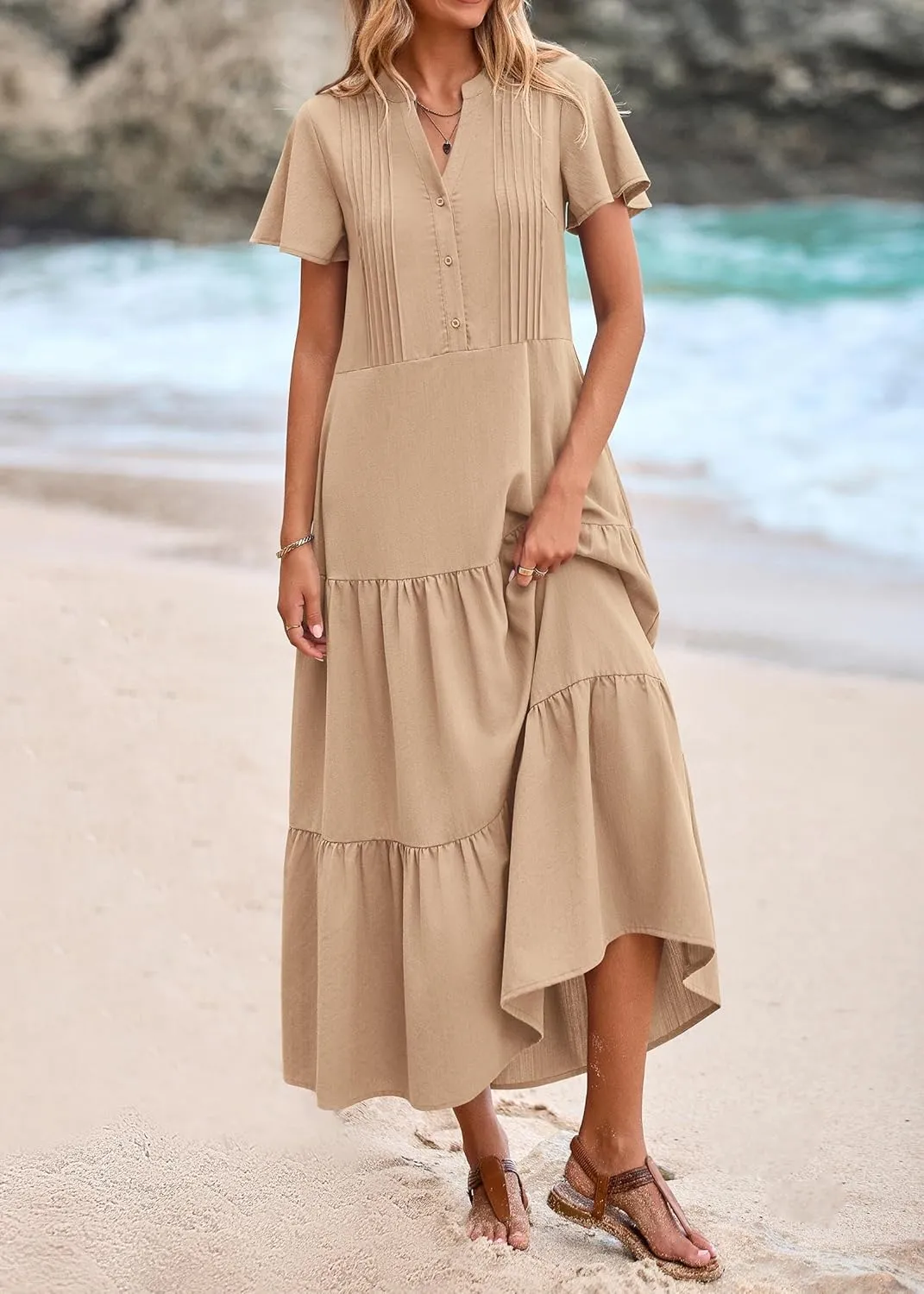 KIRUNDO Womens Summer Dresses 2025 Spring Fashion Short Sleeve Button V Neck Pleated Loose Tiered Swing Flowy Maxi Dress