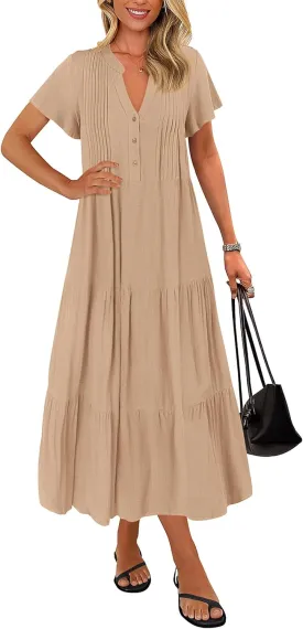 KIRUNDO Womens Summer Dresses 2025 Spring Fashion Short Sleeve Button V Neck Pleated Loose Tiered Swing Flowy Maxi Dress