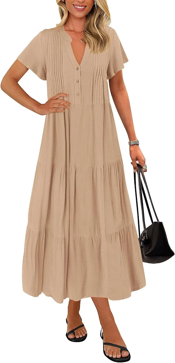 KIRUNDO Womens Summer Dresses 2025 Spring Fashion Short Sleeve Button V Neck Pleated Loose Tiered Swing Flowy Maxi Dress