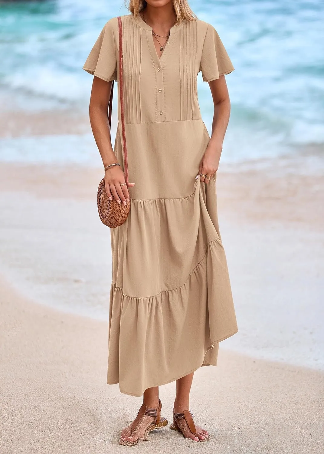 KIRUNDO Womens Summer Dresses 2025 Spring Fashion Short Sleeve Button V Neck Pleated Loose Tiered Swing Flowy Maxi Dress