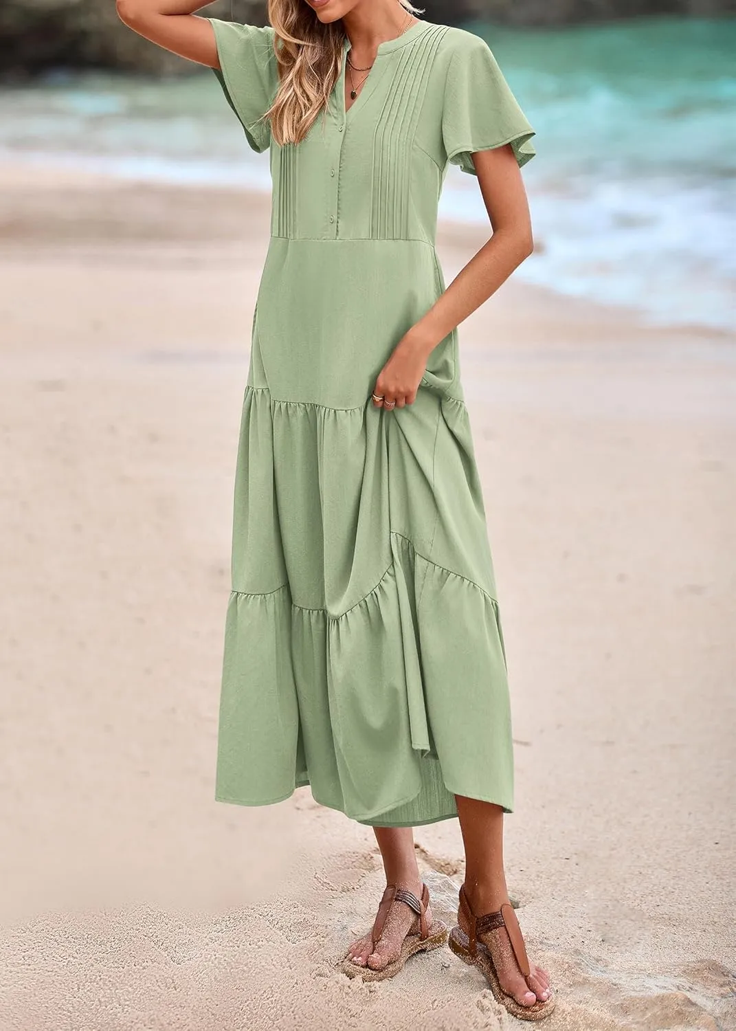 KIRUNDO Womens Summer Dresses 2025 Spring Fashion Short Sleeve Button V Neck Pleated Loose Tiered Swing Flowy Maxi Dress
