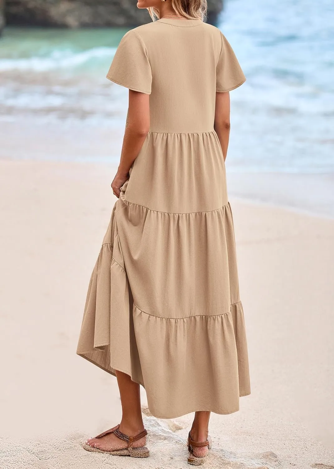 KIRUNDO Womens Summer Dresses 2025 Spring Fashion Short Sleeve Button V Neck Pleated Loose Tiered Swing Flowy Maxi Dress