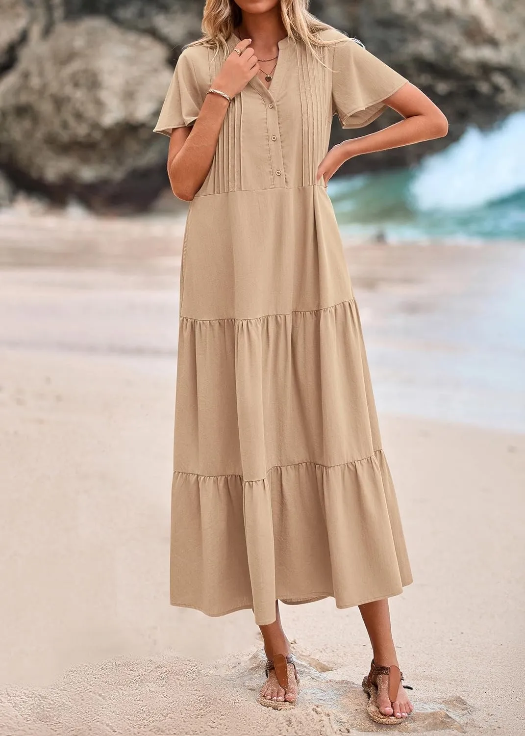 KIRUNDO Womens Summer Dresses 2025 Spring Fashion Short Sleeve Button V Neck Pleated Loose Tiered Swing Flowy Maxi Dress