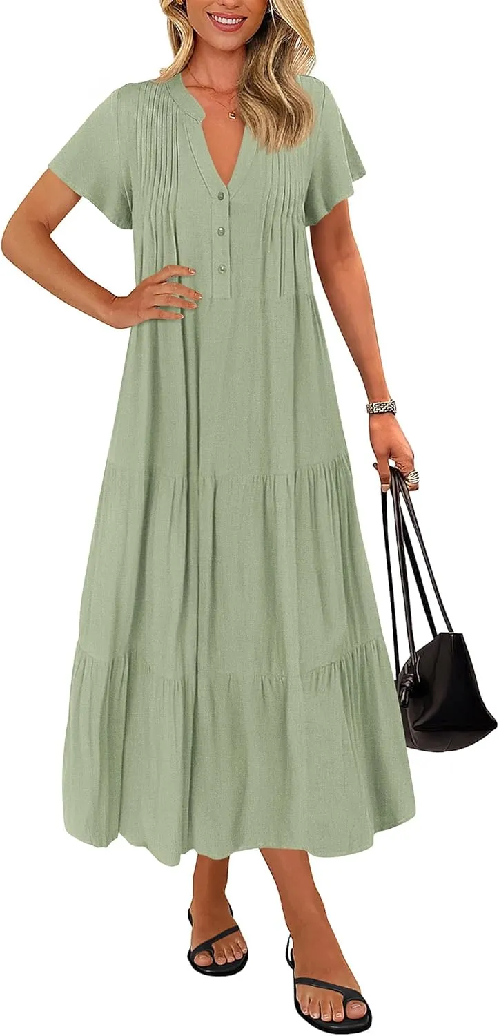 KIRUNDO Womens Summer Dresses 2025 Spring Fashion Short Sleeve Button V Neck Pleated Loose Tiered Swing Flowy Maxi Dress