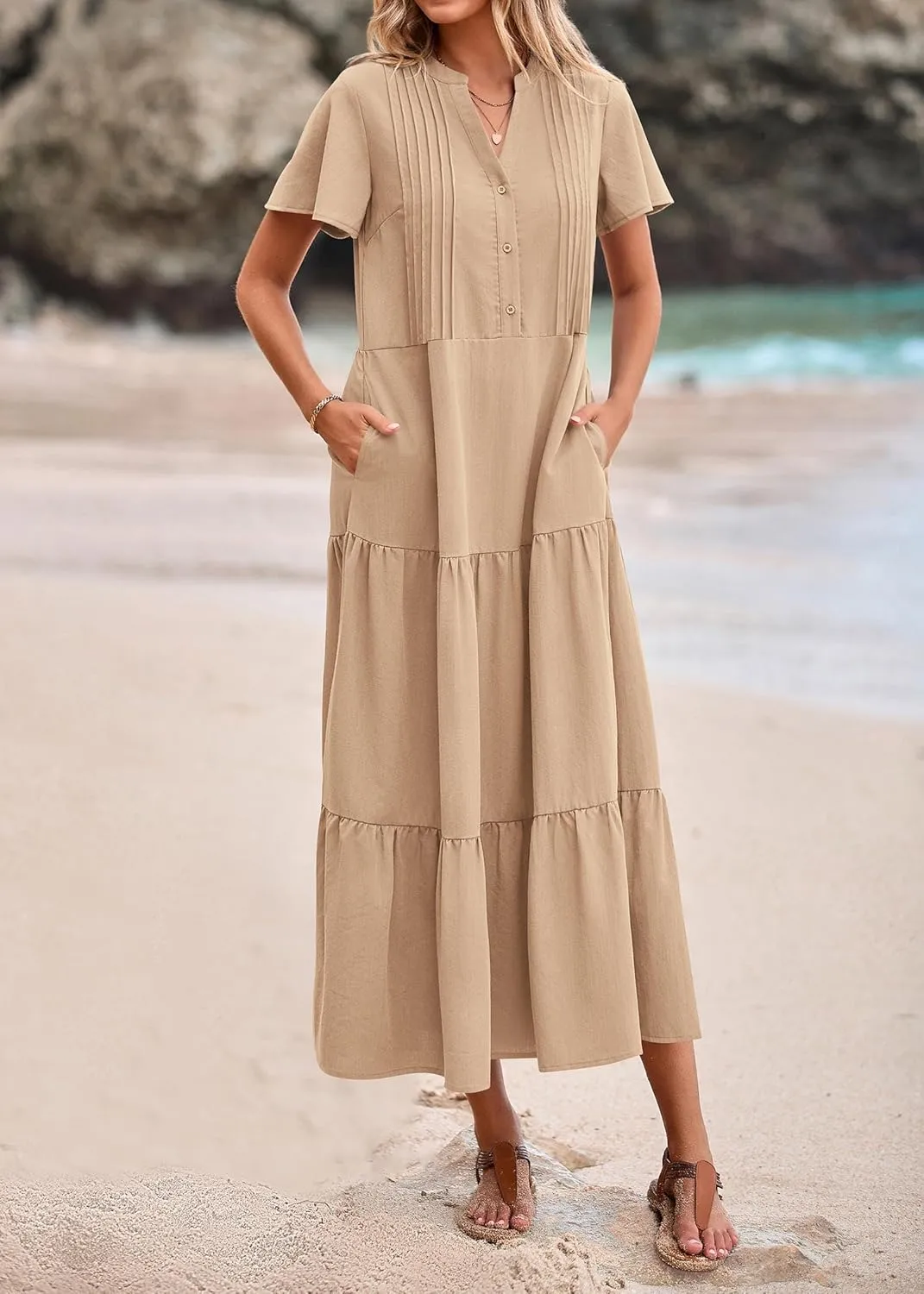 KIRUNDO Womens Summer Dresses 2025 Spring Fashion Short Sleeve Button V Neck Pleated Loose Tiered Swing Flowy Maxi Dress
