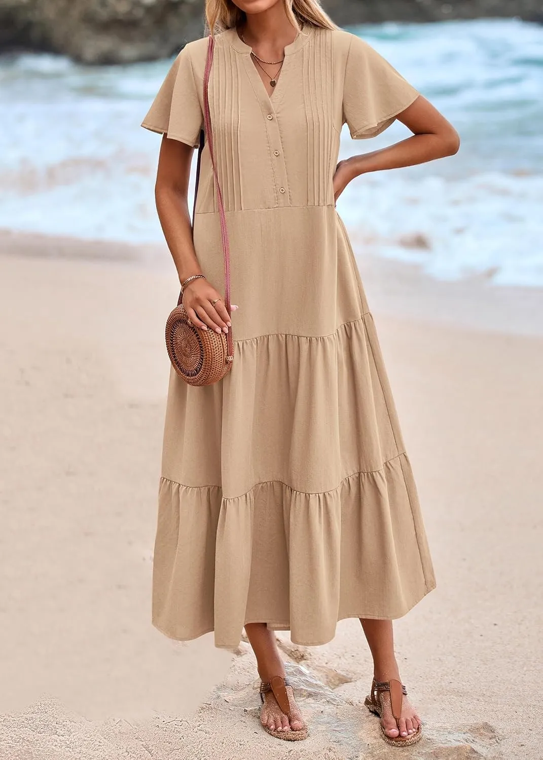 KIRUNDO Womens Summer Dresses 2025 Spring Fashion Short Sleeve Button V Neck Pleated Loose Tiered Swing Flowy Maxi Dress