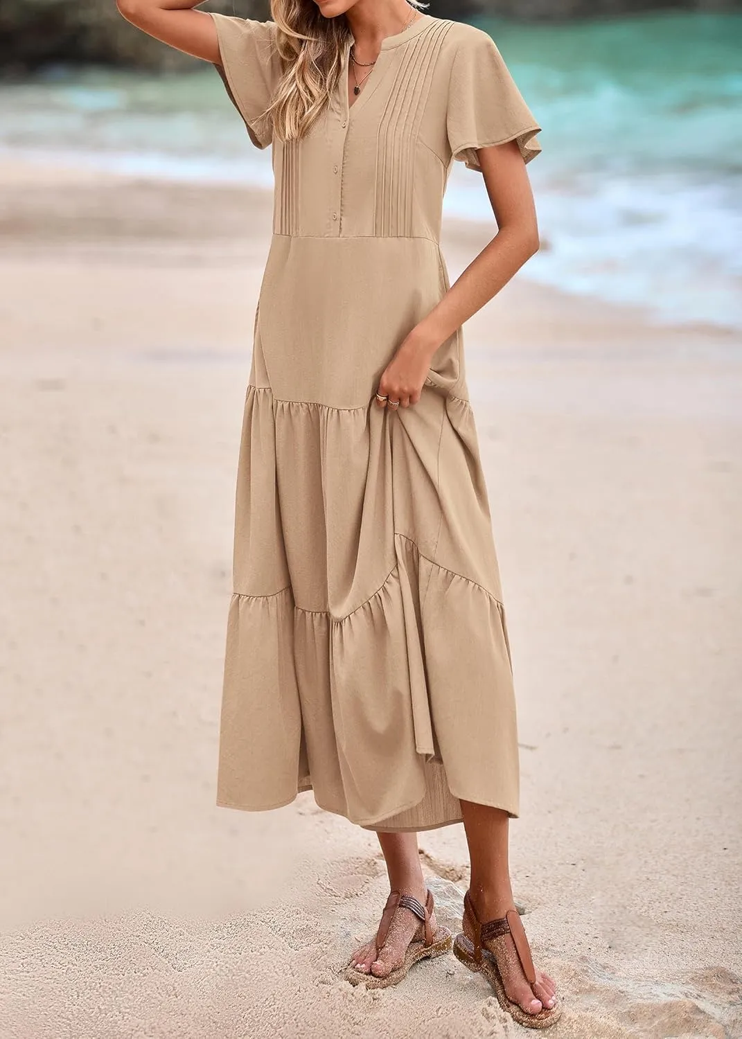 KIRUNDO Womens Summer Dresses 2025 Spring Fashion Short Sleeve Button V Neck Pleated Loose Tiered Swing Flowy Maxi Dress