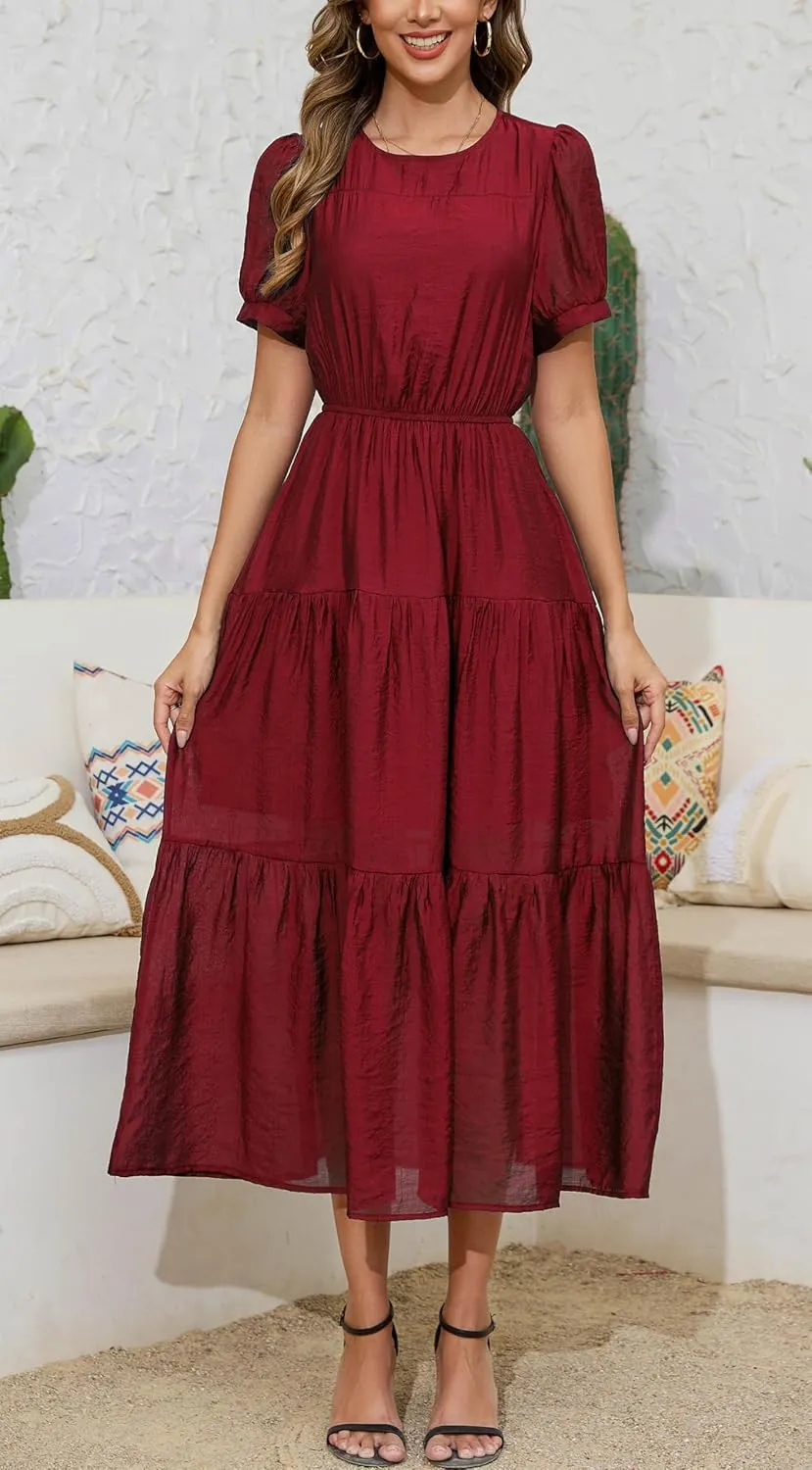 Kormei Women's Summer Casual Short Sleeve Round Neck Eastic Waist Tiered Boho Plain Beach Flowy Maxi Dress