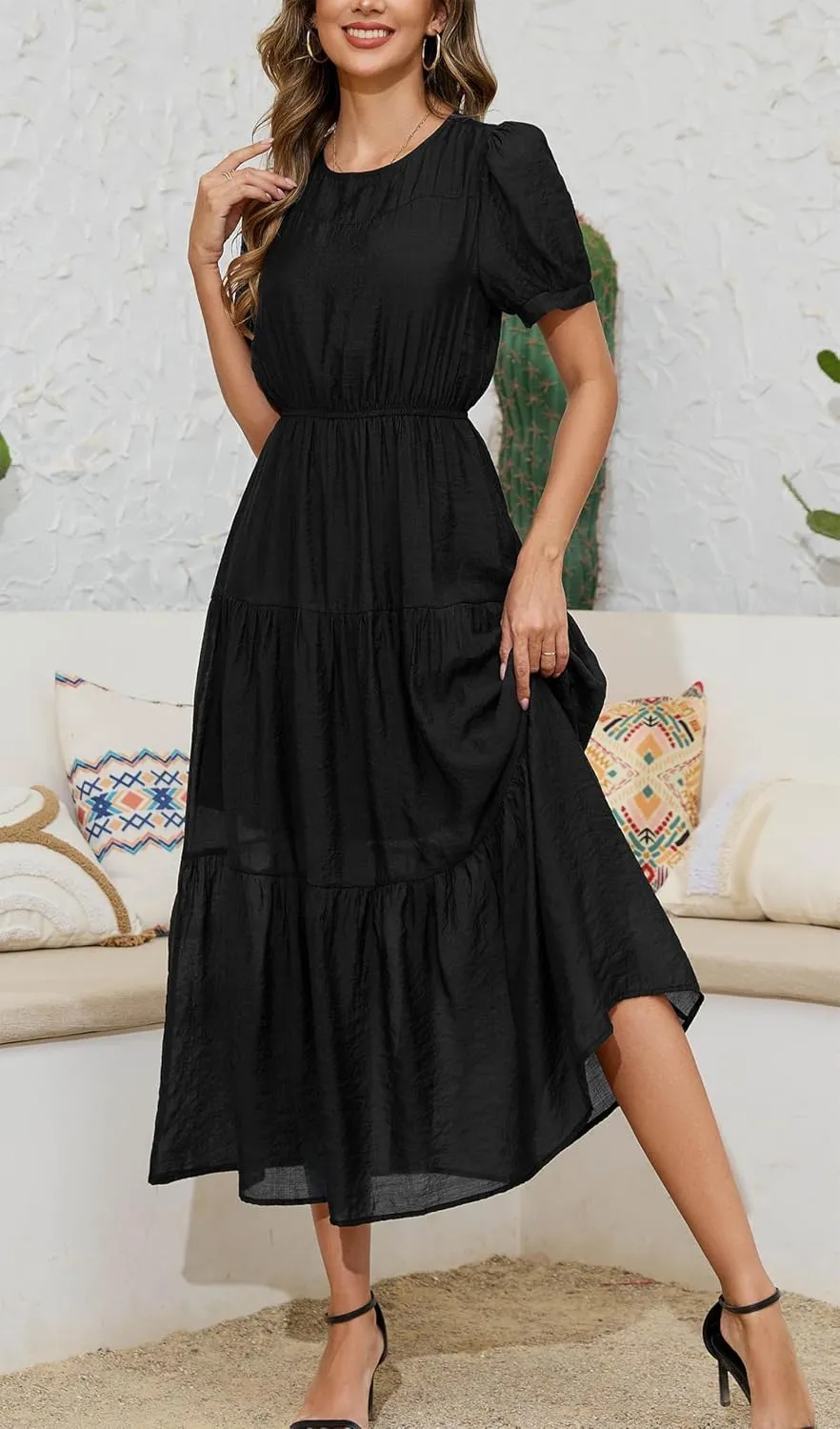 Kormei Women's Summer Casual Short Sleeve Round Neck Eastic Waist Tiered Boho Plain Beach Flowy Maxi Dress